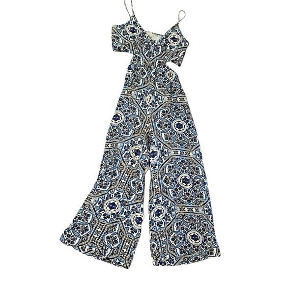Ranna Gill Tie-Back Cut Out Jumpsuit L Boho Floral Wide Leg Smocked Resortwear - Picture 5 of 8